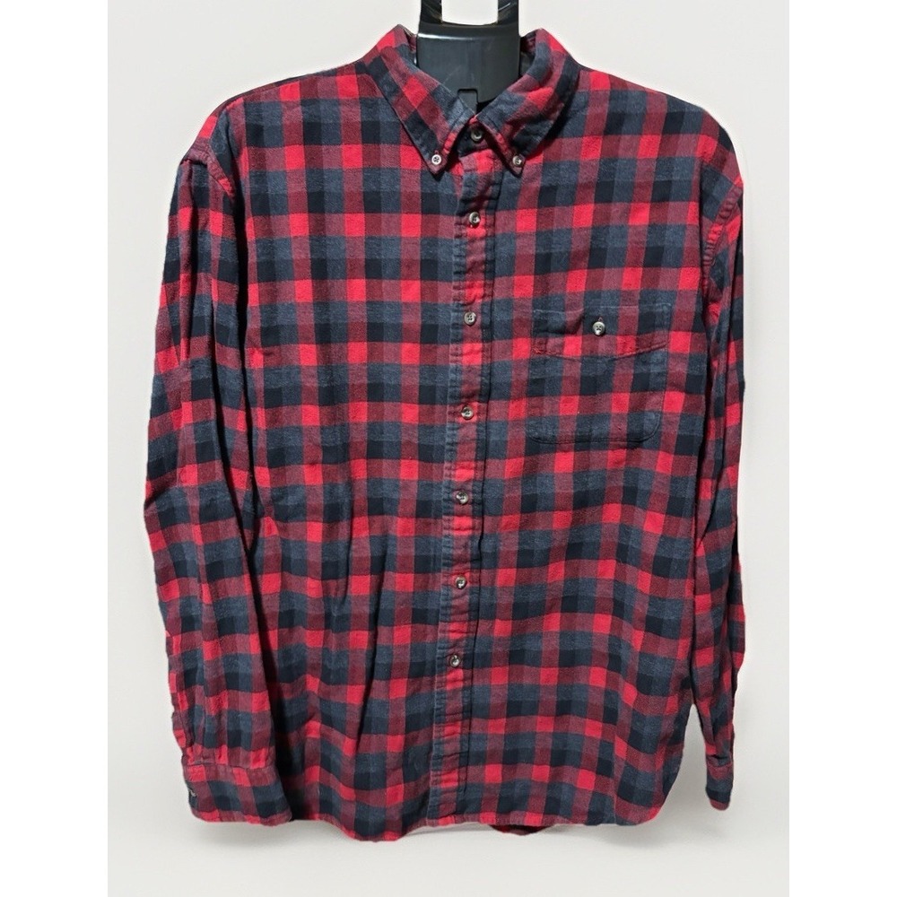 GH Bass & Co Mens XL Cotton Flannel Gray Red Buffalo Plaid Button Front LS